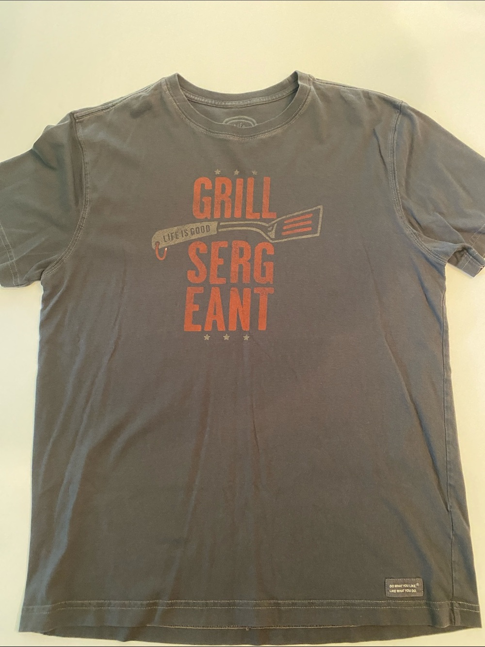 Life Is Good Gray Tee with Orange 'Grill Sergeant' Graphic